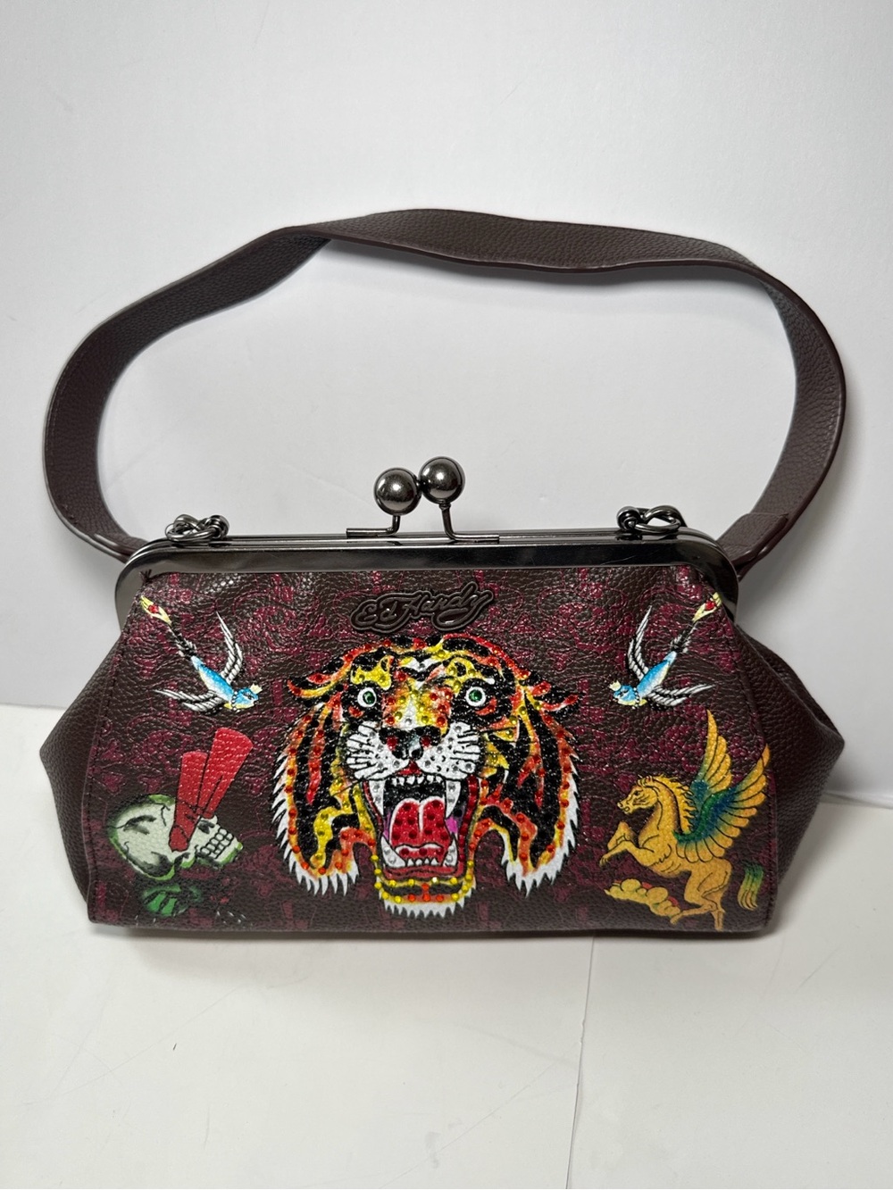 Ed Hardy Brown Tiger Graphic Frame-Top Wristlet Bag